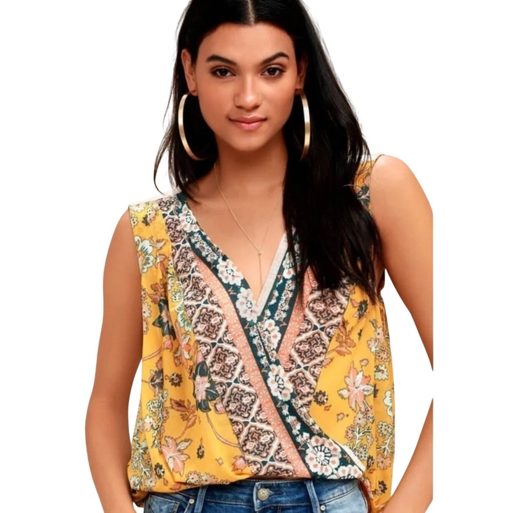 Free People Havana Floral Print Faux Wrap Tank Top S Boho Chic Retro Layering